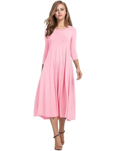 Image of HOTOUCH Midi Dress for Women A Line 3/4 Sleeve Dresses Elegant Summer Tunic Dress Crew Neck Long Dresses with Pockets Pink S