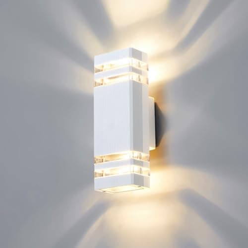 Image of CELAVY Outdoor Wall Lights Mains Powered Outside Up Down Lights, IP65 LED Porch Front Door Light, Waterproof Square GU10 Exterior Modern Lighting External Electric Sconce Wall Mounted for House, White