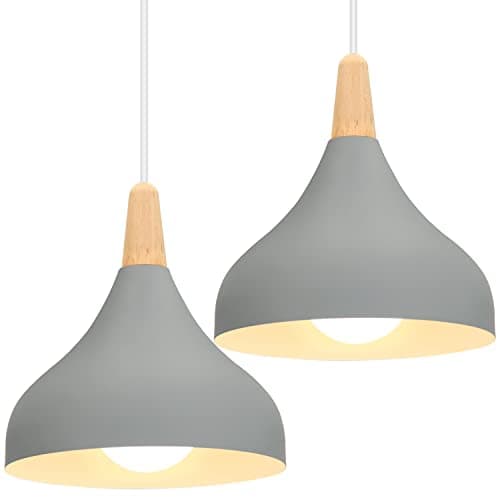 Image of iDEGU Set of 2 Retro Pendant Ceiling Lights Modern Drop Style Hat Lampshade E27 Ceiling Light Retro Light Fixture in Metal Wood Pendant Lamp for Bedroom, Dining Room, Kitchen, Φ 20 cm (Grey)