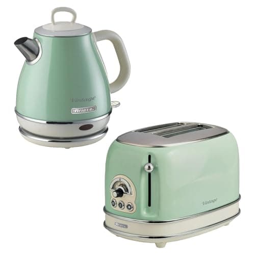 Image of Ariete Vintage 1L Jug Kettle & 2 Slice Toaster Blue Set, 1600 Watts, Cold handle, Steel Walled Kettle, 360° Swivel Base, Auto Shut Off, Auto Eject, Removable Crumb Tray, 6 Brown Levels, Defrost, Green
