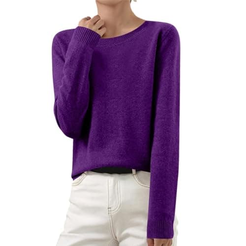 Image of Women's Jumpers Lightweight Fine Knit Pullover Elegant Solid Color Sweater Long Sleeves O-Neck Knitwear Basic Women's Tops for Everyday Wear, Dark Purple, S