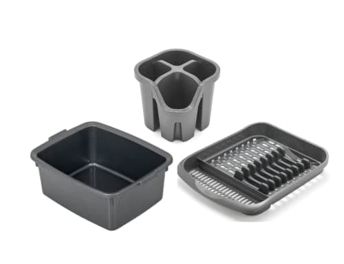 Image of Addis Washing up Set of 3 Extra Large Utility Washing up bowl, Plate draining rack and Cutlery drainer, Metallic