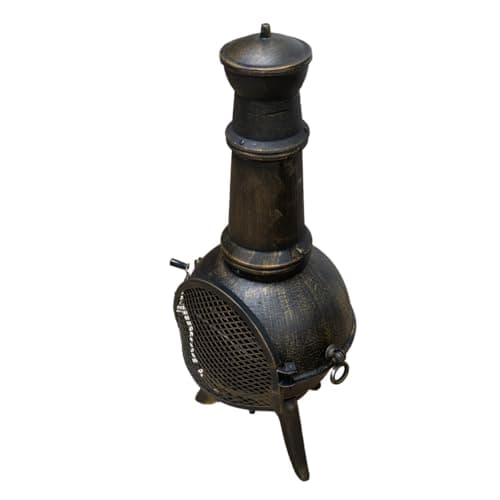 Image of Monster Shop Cast Iron Chiminea Premium Bronze Effect Large Capacity Outdoor Patio Heater Log Fire Pit Burner with Free Frost Proof Rain Cover Free Poker and Free BBQ and Toasting Rack