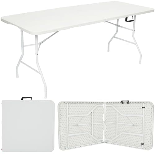 Image of Nyxi 6ft Folding Table – 180x74x74cm – All White Top, Frame & Legs – Heavy-Duty, Waterproof, Portable Table for Camping, BBQs, Garden, Parties – Easy Setup & Storage
