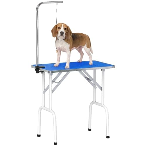 Image of PawHut Foldable Dog Grooming Table, 32" Portable Pet Grooming Table with Height Adjustable Arm and Anti-Slip Rubber Top for Small Medium Dogs and Cats, Blue