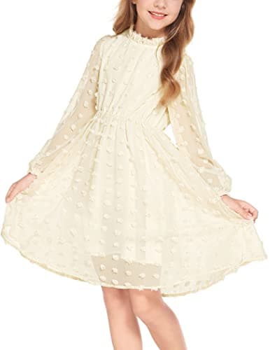 Image of Arshiner Girls Elegant Swiss Dot Ruffle Collar Casual Long Sleeve A-Line Dress Beige 5-13 Years