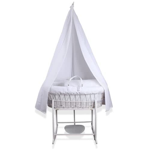 Image of Clair de Lune 6 Piece Grey Waffle White Wicker Moses Basket Starter Set - Moses Basket - Stand - Drape Set - Mattress - Grey Waffle Dressing