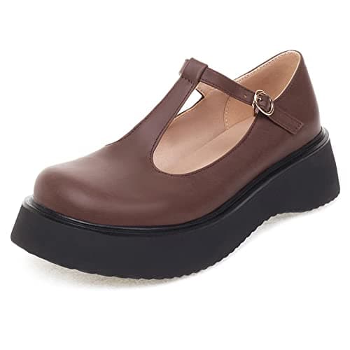 Image of Women Wedge Heel Mary Jane Shoes, Mid Heel Pumps Round Toe Buckle Dress Pumps with Platform T Strap Comfort Wiyjqh Brown Size 4.5 Uk/38