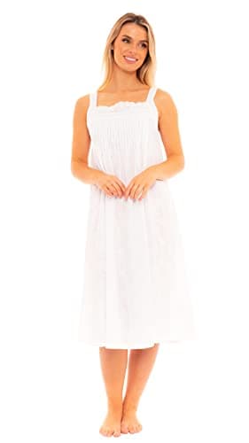 Image of Nikaro Women's Victorian Sleeveless Chemise 100% Cotton Nightdress with Embroidery Designs and Crocheted Straps (S) White