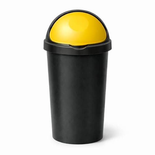 Image of SPECTRAPLAST® 60L Bullet Bin Large Capacity Indoor & Outdoor Waste Bin – Heavy Duty Plastic Rubbish Bin with Flip Lid – Tall Black Base Dustbin for Kitchen, Office & Garden (YELLOW)