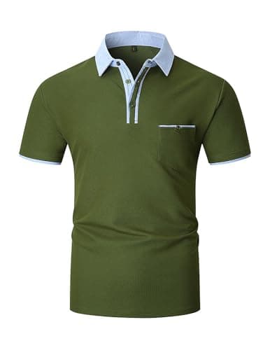 Image of VMSUCIJ Men's Fashion Polo Shirts Short Sleeves Regular-Fit Cotton Golf Casual Collared T-Shirts with Pocket,Army Green 41,L