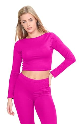 Image of Hamishkane® Womens Long Sleeve Crew Neck Crop Top, Plain Slim Fit Summer Tops for Women UK, Soft & Stretchy Casual Wear Cropped Top, Stylish Going Out Tops Neon Pink