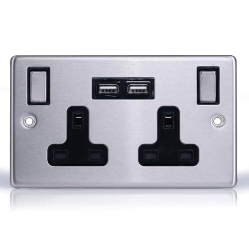 Image of Status Stainless Steel Double Switched Power Plug Wall Socket with 2 x USB Ports, 13 Amp, 2 Gang, Wall Socket, Screw Through, Pack of 1 (SSS2G13A2USBSWS8)