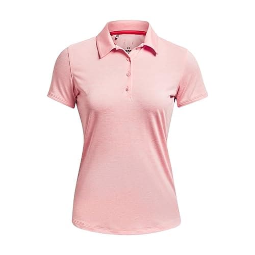 Image of Under Armour Zinger Golf Women's Short Sleeve Polo Shirt, (673) Pink Fizz / Venom Red / Metallic Silver, XL