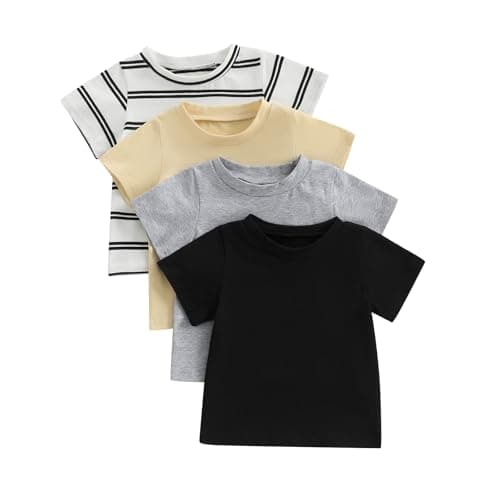 Image of Unisex Toddler Baby Boys Short Sleeve T-Shirts Tops Infant Boy Clothes Tees Shirts Loose Fit Solid/Striped Tops Pack of 4 Summer (Multi-Color, 12-18 Months)