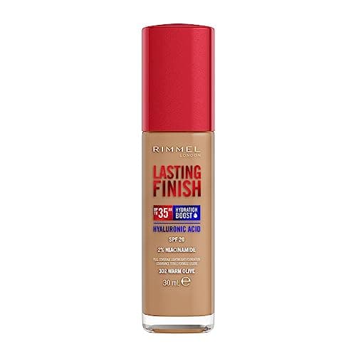 Image of Rimmel Lasting Finish 35Hr Foundation 302 Warm Olive, Full Coverage, Hydrating, SPF20, Hyaluronic Acid, Vitamin E, 2% Niacinamide, All Day Wear, Vegan, Cruelty Free