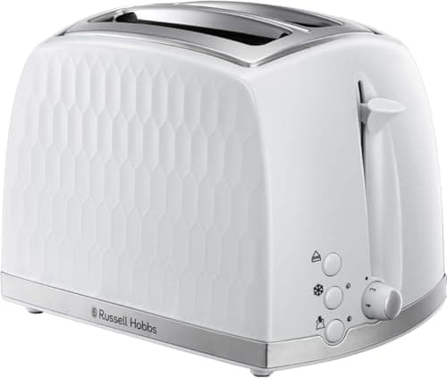 Image of Russell Hobbs Honeycomb 2 Slice Toaster (Extra wide slots, High lift feature, 6 Browning levels, Frozen/Cancel/Reheat function, Removable crumb tray, 850W, White textured high gloss) 26060