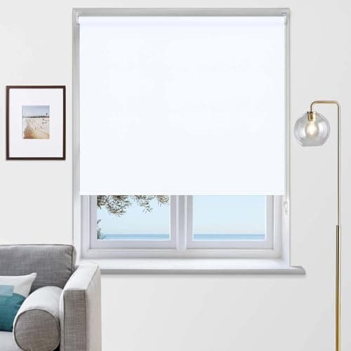 Image of Rehan & Co Thermal Insulated Blackout Fabric Roller Blinds, Easy Fit Child Safe Trimmable UV Protection Home Office Window Blinds, White Blind (120cm Width X 165cm drop)