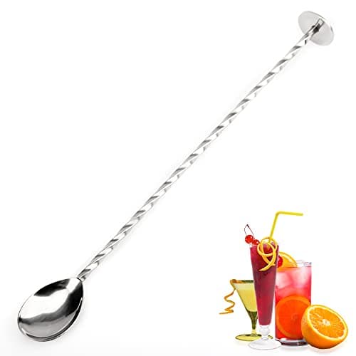 Image of YUNAI Stainless Steel Bar Mixing Spoon with Masher, Twisted Cocktail Shaker Spoon Bar Drink Mixer Stirrer for Bartender Home Bar Restaurant Use, Silver, 10''/26cm, 2 in 1