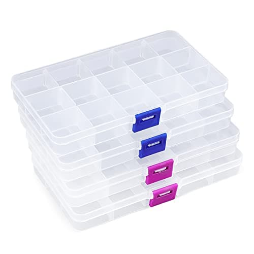 Image of Opret 4 Pcs Bead Storage Box, 15 Grids Plastic Jewellery Organisers Small Clear Containers with Adjustable Dividers Compartment Craft Case, Size 17x9.5x2cm