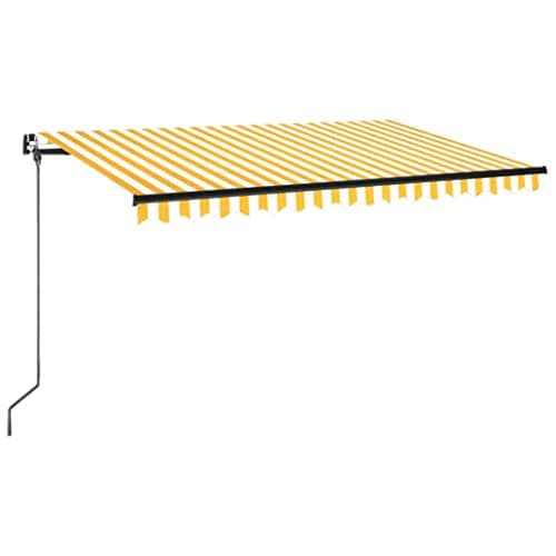Image of vidaXL Manual Retractable Awning - 450x350 cm Yellow/White Polyester Canopy, UV/Water-, Adjustable Patio Shade, Outdoor Shelter
