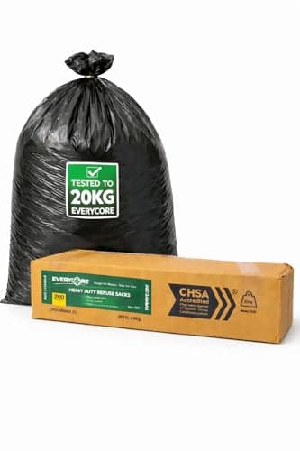 Image of Everycore - 20KG Strength Tested. 200 Bulk Value Pack, 90L Black Bin Bags, Heavy Duty CHSA Accredited Refuse Sacks, Strong & Reliable for Kitchen, Household, Office & Commercial Waste