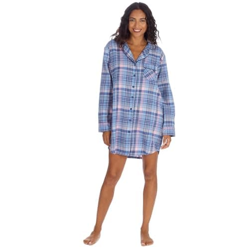 Image of Style It Up Ladies Cotton Long Sleeve Checked Nightshirt Front Pocket Warm Cosy Loungewear Idea Soft Touch Womens Nightwear Nightdress (DENIM-CHECK, S)