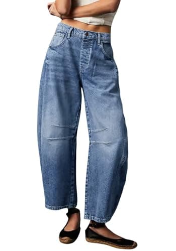 Image of Womens Stretchy Mid Rise Barrel Jeans Vintage Loose Wide Leg Cropped Denim Pants Y2k Baggy Boyfriend Jeans, Blue, M