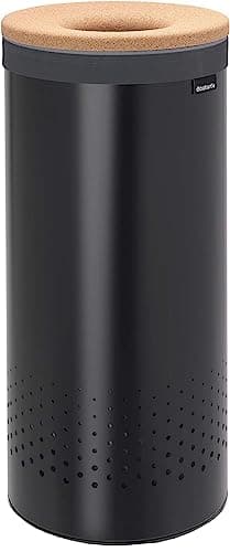 Image of Brabantia - Laundry Bin - Cork Lid - Portable Laundry Bag Inside - Quick-drop Opening - Basket with Ventilation Holes - Non-Scratching Bottom - Corrosion - Alloy Steel - Resistant - Matt Black - 35L
