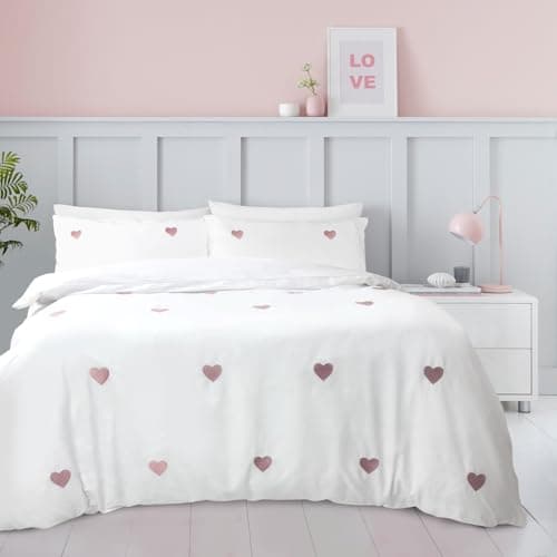 Image of GC GAVENO CAVAILIA Luxury Duvet Cover Sets - Polycotton Pink Heart Bedding Sets King Size (230x220 cm) - Breathable Soft Quilt Cover - Embroidered Bed Covers