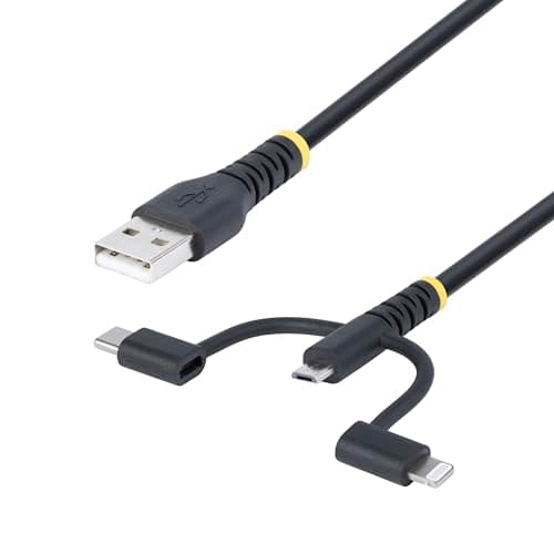 Image of StarTech.com 3ft (1m) Rugged USB Multi Charging Cable, USB to Lightning/Micro-USB/Type-C, Apple MFi, 3-in-1 USB Charger Cord