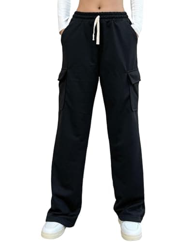 Image of Nuofengkudu Black Wide Leg Joggers for Women UK Cargo 4 Pockets Elasticated Drawstring Waist Straight Leg Jogging Pants Tracksuit Bottoms Athletic Pull on Trousers Ladies Sweatpants Casual Sports L