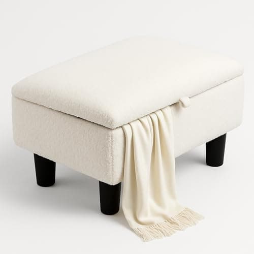 Image of YORKING Footstool with Storage, Small Ottoman Stool, Teddy Fleece Fabric Footstool with Padded Seat, Sofa Footrest Extra Seating for Living Room Bedroom Entryway, 15.7"×11.8"×9.4", Teddy White