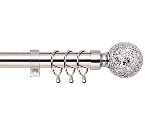 Image of Mosaic Ball Extendable Curtain Pole. Includes Pair Of Superior 60mm Size Finials, Rings, Brackets & Fittings Set. (Brushed Chrome, 160cm - 300cm, 63 Inch to 118 Inch)