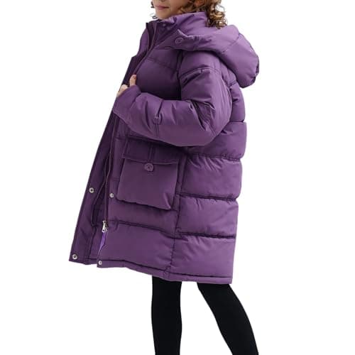Image of Momolaa 15-16 Years Girls Winter Coat Jacket Long Length Hooded Puffer Outwear Warm Quilted Coats Parka Kids Fleece Jackets Removable Hood Purple Outerwears