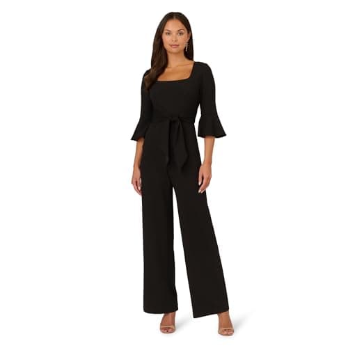 Image of Adrianna Papell Women's Knit Crepe Tie Front Jumpsuit | Formal One Piece Jumpsuit with Bell Sleeves & Wide Leg Design, Black, 22
