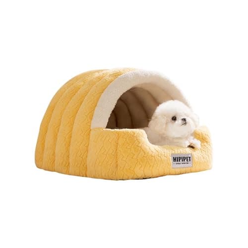 Image of Galatée Dog Bed, Soft Cat Cave Bed With Detachable Cushion, Warm Pet Shelter, Cute Cat House With Anti-Slip Bottom, Indoor Dog Tent(M, Yellow)