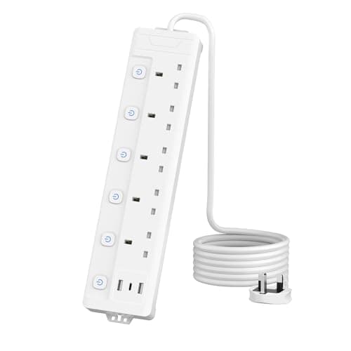 Image of 2M 5 Gang Extension Lead with 3 USB Slots (2 USB-A,1 USB-C), Individually Switched Extension Lead with USB Slots, White 2 Metre Extension Lead, For Home Dorm Office Multi Plug