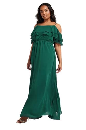 Image of Yours London Curve Forest Green Frill Cold Shoulder Maxi Dress - Women's - Plus Size Curve