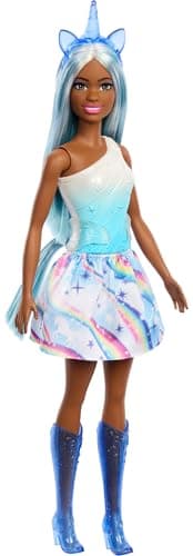 Image of Barbie Unicorn Doll with Blue Fantasy Hair, Ombre Outfit & Themed Accessories Including Headband & Tail, HRR14