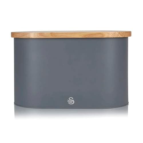 Image of Swan SWKA17512GRYN Nordic Scandi Bread Bin with Bamboo Cutting Board Lid, Slate Grey, Steel