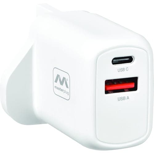 Image of Masterplug Super-Fast UK USB Charging Plug with Single Type C Charging Port, 20W Charger, White, USBPLGC20W/U