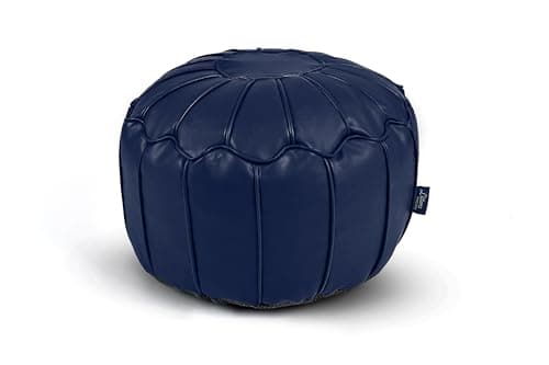 Image of Littens Navy Blue Soft Faux Leather Round Moroccan Footstool Pouffe Bean Bag, Living Room Decorative Seat, Piped Detailing (50cm x 30cm)