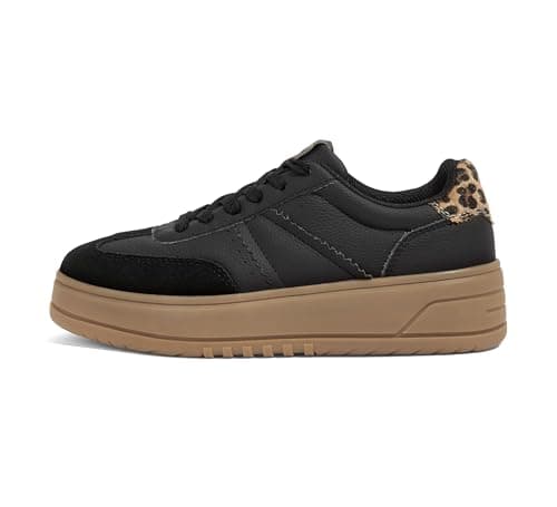 Image of LUCKY STEP Women's Lace Up Platform Sneakers Thick Sole Comfortable Casual Fashion Faux Leather Tennis Low Top Walking Shoes (Black, 6US-36EU-3UK)