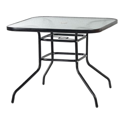 Image of Harbour Housewares Square Glass Top Garden Table - 90x90cm, Powder-Coated Metal Frame, Tempered Textured Glass, Parasol Hole, Lightweight Patio & Balcony Table