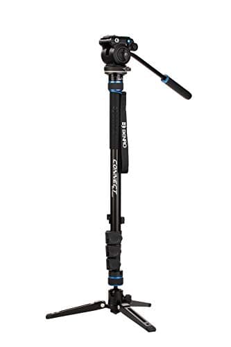 Image of Benro Connect Video Monopod with S2 PRO Flat Base Fluid Video Head, Head Mounts to 3 Leg Base, 2.5kg Max, 3 Leg Folding Base w/Ball Lock, Flip Lock, Carrying Case