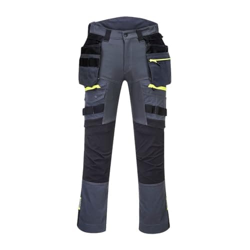 Image of Portwest DX4 DX440 Mens Work Trousers Detachable Holster Pocket Cargo Stretch Fabric Kneepad Pocket Triple Stitched Reflective Workwear Construction Builders Tradesman, Metal Grey, 36