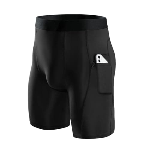 Image of Niksa 1 Pack Mens Compression Shorts Running Base Layer Shorts Men's Workout Shorts with Cell Phone Pockets Tight Dry and Breathable Sports Shorts for Cycling Yoga Boxing Gym, Black,L