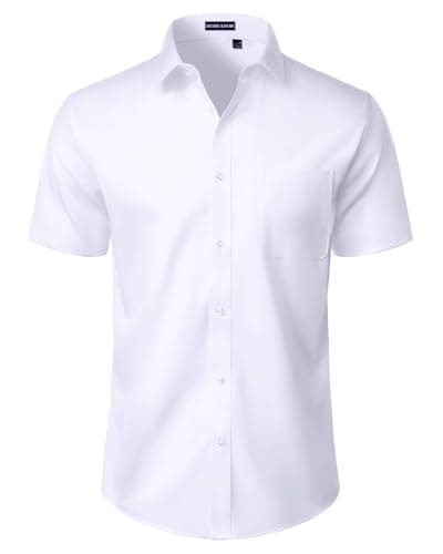 Image of DEMEANOR Mens White Shirts Short Sleeve Dress Stretch Regular Fit Casual Summer Business Button Down Shirt with Pocket White