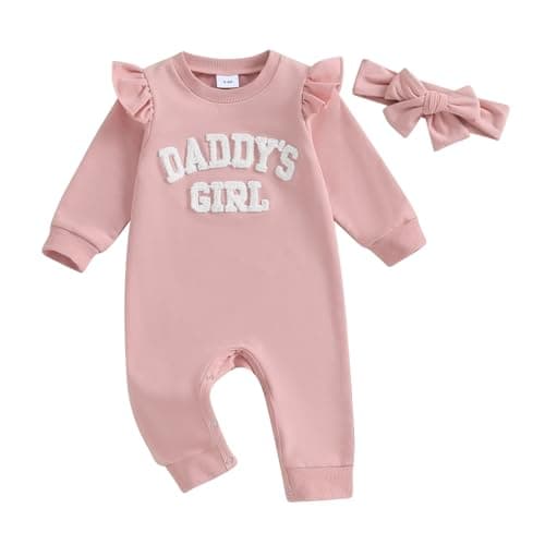 Image of Carolilly Newborn Baby Girl Outfits 2Pcs Outfits Clothing Set Daddy's Girl Fuzzy Letter Embroidery Long Sleeve Romper Bodysuit Round Neck Jumpsuit Toddler Clothes Daywear+Headband (Pink, 0-3 Months)
